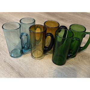 Hazel Atlas Vintage Glass  D Ring Handle  Mug Stein Lot Of 6 Blue Yellow Green